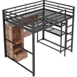 ComfortXL Cama alta infantil 140x200 cm con escritorio cajón LED negra