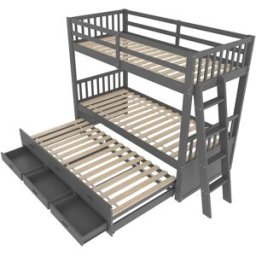 MODFU Litera infantil de madera gris de 90 x 200 cm con cama nido