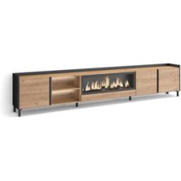 Skraut home Mueble tv efecto madera roble negro 315x35x61cm chimenea efecto fuego