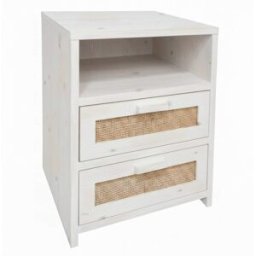 NATYAL Mesita de noche madera rafia natural 2 cajones blanco envejecido 40cm