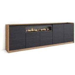 Skraut home Aparador efecto madera negro y roble 263x37x80cm chimenea efecto fuego