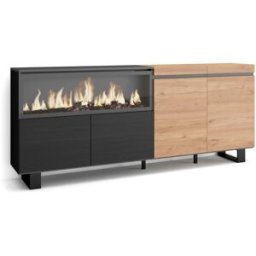 Skraut home Aparador efecto madera roble y negro 208x35x87cm chimenea efecto fuego