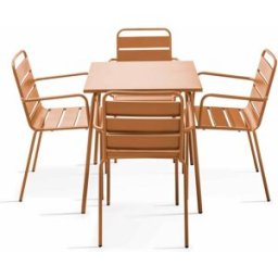 Oviala Conjunto mesa de jardín cuadrada y 4 sillas de acero caramelo