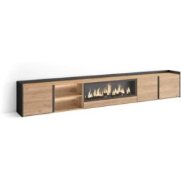 Skraut home Mueble tv efecto madera roble negro 315x35x50cm chimenea efecto fuego