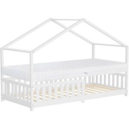 ML-Design Cama infantil casa de madera blanca maciza 90x200cm con colchón 16cm