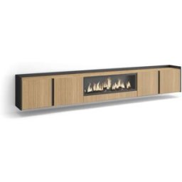 Skraut home Mueble tv efecto madera roble y negro 315x35x50 chimenea efecto fuego