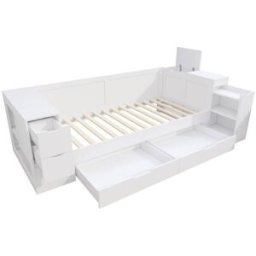 MODFU Cama infantil de madera blanca 90x200 cm con espacio de almacenaje