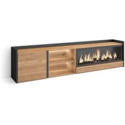 Skraut home Mueble tv efecto madera roble negro 212x35x50cm chimenea efecto fuego