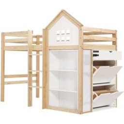 OKWISH Cama alta infantil blanca y natural de madera con almacenaje 90x200 cm