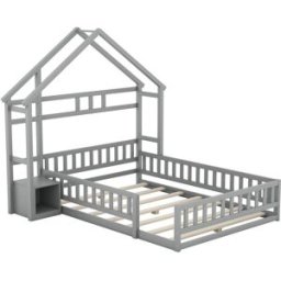 OKWISH Cama infantil gris de pino con mesita y barandilla 140x200 cm