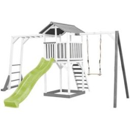 Axi Parque infantil, tobogán verde claro, rocódromo, madera, blanco/gris