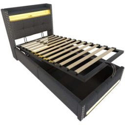 MODFU Cama infantil con almacenaje y LED de lino 90x200 cm, gris