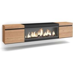 Skraut home Mueble tv efecto madera roble y negro 208x35x45 chimenea efecto fuego