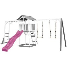 Axi Parque infantil, tobogán morado, columpio doble, madera, blanco/gris