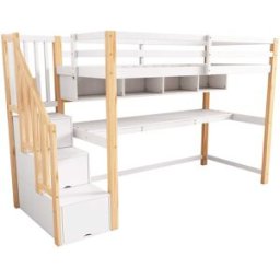 ComfortXL Cama alta infantil 90x200 cm con escritorio grande blanca