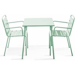Oviala Conjunto mesa de jardín cuadrada y 2 sillas de acero verde salvia