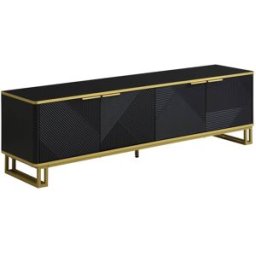 MODFU Mueble tv 4 puertas, diseño geométrico, marco metálico 160 cm, negro
