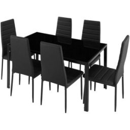 Tectake Conjunto de 1 mesa y 6 sillas, acero y cuero, 130x70x75cm, negro/negro