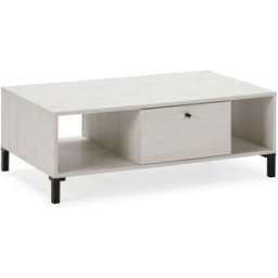 HOMN Mesa centro 1 cajón y 2 huecos, color blanco/madera, 100x60x37,5 cm