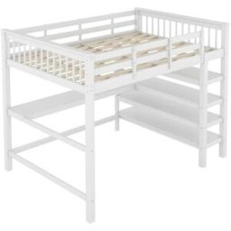 OKWISH Cama alta infantil blanca de pino con escritorio 140x200 cm
