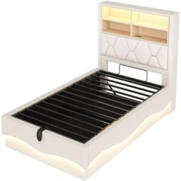 MODFU Cama infantil con led, almacenaje y usb 90x200 cm beige