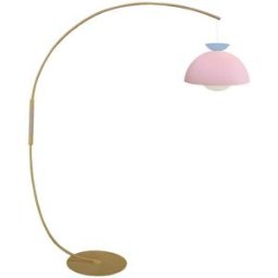 Tosel Lámpara de pie arco metal amarillo madera natural pantalla multicolor