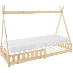 ML-Design Cama infantil tipi 90x200cm gris claro con colchón y tejado de tienda