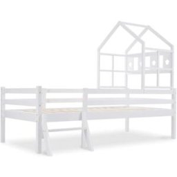 OKWISH Cama alta infantil blanca de madera maciza con cajón 90x200 cm