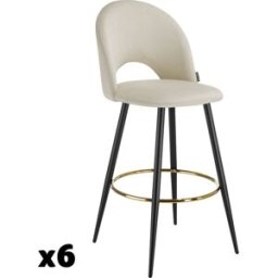 Tectake 6 taburetes altos con terciopelo, respaldo y reposapiés, crema/negro