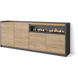 Skraut home Aparador efecto madera roble y negro 210x37x80cm chimenea efecto fuego