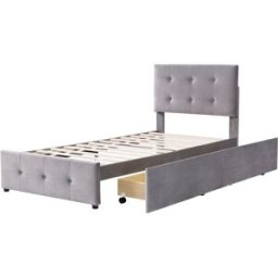 MODFU Cama infantil terciopelo gris 90x200 cm con 2 cajones