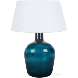 Tosel Lámpara de mesa botella vidrio azul pantalla blanco