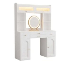 Urban Meuble Tocador moderno blanco con espejo redondo led bluetooth y 4 cajones