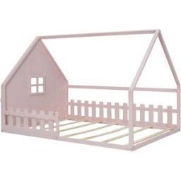 MODFU Cama infantil de pino rosa 140x200 cm con somier