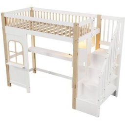 ComfortXL Cama alta infantil 90x200 cm con LED y escritorio blanco natural