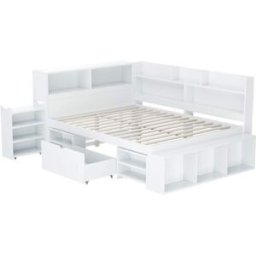 OKWISH Cama infantil blanca de contrachapado con almacenaje 140x200 cm