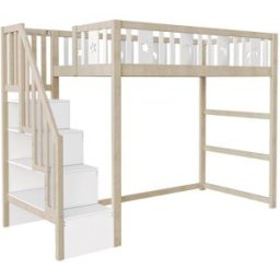 OKWISH Cama alta blanco y natural de madera con estantes 90x200 cm