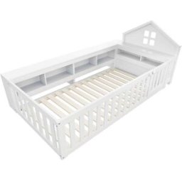 OKWISH Cama infantil blanca de madera con almacenaje 90x200 cm