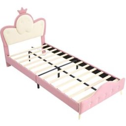 MODFU Cama infantil polipiel rosa 90x200 cm con cabecero corona