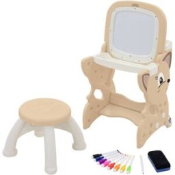 ECD Germany Mesa de juegos 3en1 taburete infantil caballete marrón y pizarra doble