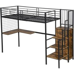 MODFU Cama alta infantil de hierro negro de 90 x 200 cm con mesa y armario