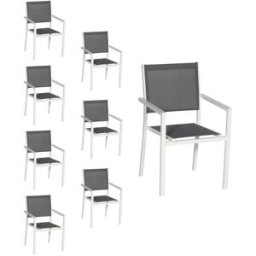Happy Garden Juego de 8 sillas de aluminio blanco y textileno gris