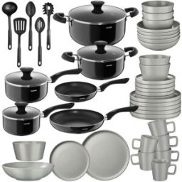 Tectake Juego de cocina, 30 piezas, gres, aluminio, antiadherente, gris/negro