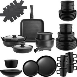 Tectake Set básico de cocina para 6 personas, 47 piezas, gris/negro