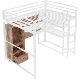 ComfortXL Cama alta 140x200 escritorio LED cajón almacenaje acero blanco