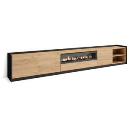 Skraut home Mueble tv efecto madera roble negro 310x37x50cm chimenea efecto fuego