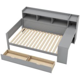 MODFU Cama infantil en aglomerado gris 90x200 cm con 2 cajones y escritorio