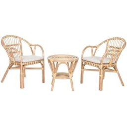 NIYLO Conjunto de mesa y 2 sillones con cojines de ratán marrón 50x50x50 cm