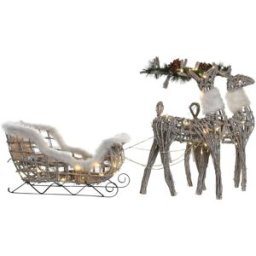 Fijalo Trineo y renos navidad decoracion led mimbre blanco 60x30x37cm