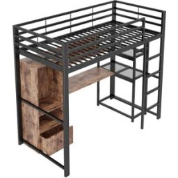 ComfortXL Cama alta infantil escritorio LED cajón EN747 negro 90x200 cm